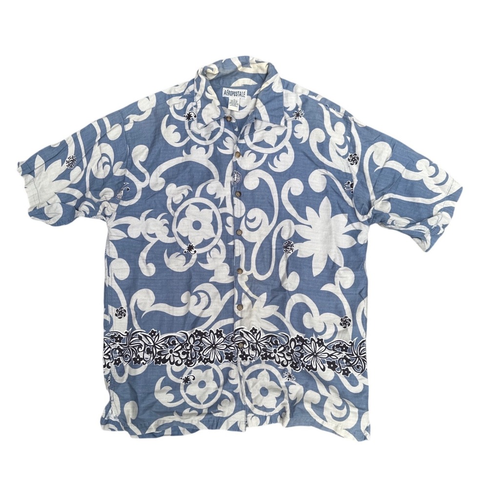 Aeropostale Mens Blue White Scroll Floral Cotton Rayon Button Down Shirt Large